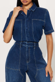 Deep Blue Short Sleeve Denim Jumpsuit Collared Waist Wide Leg Casual Fashion Workwear Romper
