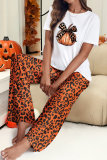 Brown Halloween Print Tee & Leopard Pants Two Piece Set Casual Comfort Holiday Loungewear