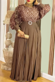 Green Plus Size Sequin Sheer Maxi Dress Puff Sleeve Pleated Waist Gown