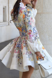 White Romantic Printed Puff Sleeve Dress Stand Collar Waist-Cinched Elegant Fairy Mini Dress