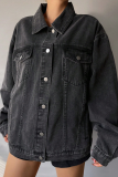 Black Oversized Cropped Denim Jacket Collar Button Casual Coat