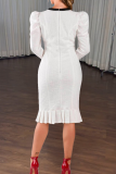 White Puff Sleeve Contrast Waist Dress Ruffled Hem Elegant Office Midi Dress