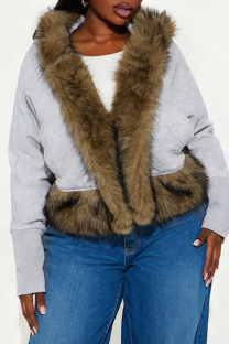 Grey Fuzzy Panel Short Coat Casual Stylish Layered Warm Piece