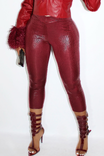 Burgundy Shiny Textured Cross Waist Capri Leggings Stylish Versatile Piece