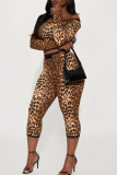 Leopard Print Off-shoulder Long Sleeve Top Drawstring Capri Pants Two-piece Set