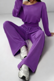 Coffee Off-shoulder Cropped Sweatshirt Drawstring Wide-leg Pants Casual Stylish Two-piece Set