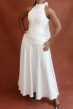 White Halter Stand Collar Ruched Dress Slim Flared Elegant Long Gown