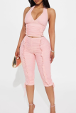 Black Halter V-neck Ruched Top Drawstring Capri Pants Stylish Two-piece