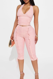 Pink Halter V-neck Ruched Top Drawstring Capri Pants Stylish Two-piece