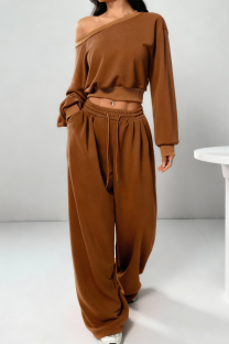 Coffee Off-shoulder Cropped Sweatshirt Drawstring Wide-leg Pants Casual Stylish Two-piece Set