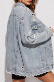 Light Blue Distressed Denim Jacket Loose Collar Casual Outerwear