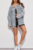 Light Blue Distressed Denim Jacket Loose Collar Casual Outerwear