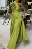 Green Yellow Elegant Solid Color Ruched Turtleneck Long Dresses