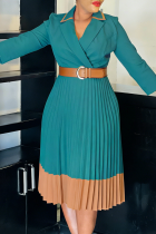 Malachite Green Blazer Collar Contrast Pleated Dress Belted Long-sleeve Gown