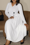 White V-neck Long-sleeve Dress Asym Button Waist Pleated Midi Gown