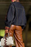 Blue Plaid Patchwork Stand Collar Jacket Contrast Button Drawstring Coat