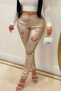 Gold Heart Rhinestone Cutout Pants Shiny Slim-fit Trousers