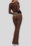 Brown Zipper Ruched Cropped Top Flared Slim Loungewear Two-piece