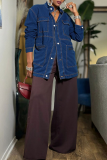 Blue Stand Collar Multi-pocket Denim Coat Mid-length Button-front Jacket
