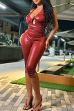 Burgundy Halter Ruched Crop Top & High-Waisted Capri Pants Two-Piece