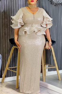 Champagne Elegant Solid Color Sequins V Neck Long Plus Size Dresses
