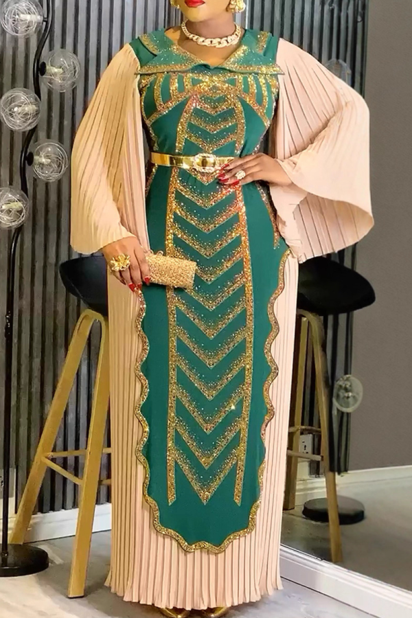 Green Plus Size Sequin Patchwork Belted Dress Pleated Sleeve Formal Gown