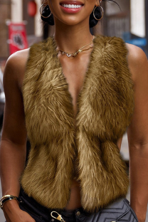 Yellow Deep V Faux Fur Sleeveless Vest Short Stylish Waistcoat