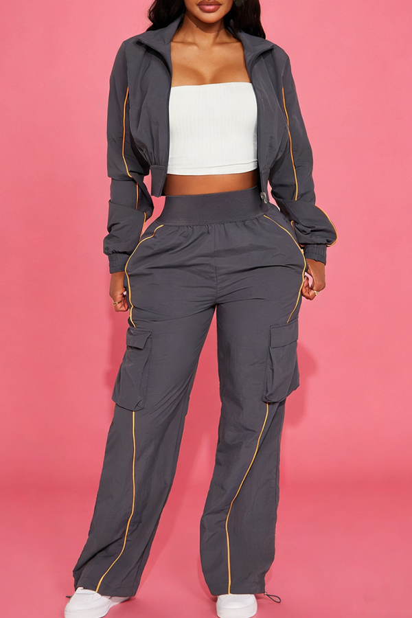 Grey Stripe-Accent Cropped Jacket & Cargo Pants Two-Piece Set Casual Edgy Outfit