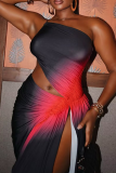 Black Red Black-Red Gradient One-Shoulder Cutout Midi Dress Edgy Party Bodycon Gown
