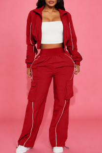 Red Stripe-Accent Cropped Jacket & Cargo Pants Two-Piece Set Casual Edgy Outfit