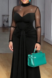 Black Mesh Rhinestone Ruched Maxi Dress Sexy Elegant Party Gown