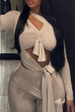 Apricot Nude Tie-Front Cutout Two-Piece Set Edgy Bodycon Long-Sleeve Pants Outfit