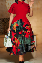 Red Collar Contrast Botanical Print Midi Dress Retro Waist-Fit Flared Work Gown