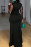 Black Mesh Rhinestone Ruched Maxi Dress Sexy Elegant Party Gown