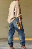 Blue Distressed Baggy Jeans Patch Detail Loose Fit Casual Denim Pants