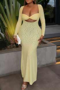 Yellow Square Neck Cutout Bodycon Maxi Dress Textured Pattern Edgy Fitted Gown