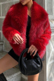 Burgundy Faux Fur Jacket Short Length Lapel Collar Casual Warm Outerwear