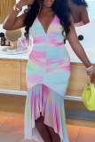 Colour Halter Neck Tie-Dye Ruched Asymmetrical Dress Edgy Bodycon Mermaid Midi Gown