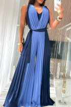 Deep Blue Casual Solid Color Ruched Contrast V Neck Loose Jumpsuits