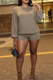 Khaki Casual Solid Color Backless O Neck Loose Rompers