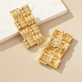 Gold Woven Square Earrings Textured Link Design Statement Stud Dangle Jewelry