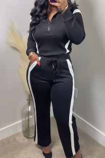 Black White Casual Stripe Zipper Contrast Zipper Collar Long Sleeve Two Pieces
