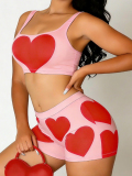 Pink Sexy Casual Street Daily Party Nightclub Y2k Love Print Heart Shaped Sleeveless Two Pieces