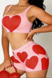 Pink Sexy Casual Street Daily Party Nightclub Y2k Love Print Heart Shaped Sleeveless Two Pieces