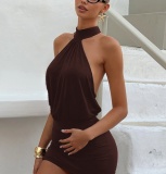 Coffee Sexy Daily Hot Club Nightclub Solid Color Halter Wrapped Skirt Dresses