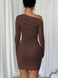 Apricot Sexy Casual Nightclub Office lady Solid Color Off Shoulder Wrapped Skirt Dresses