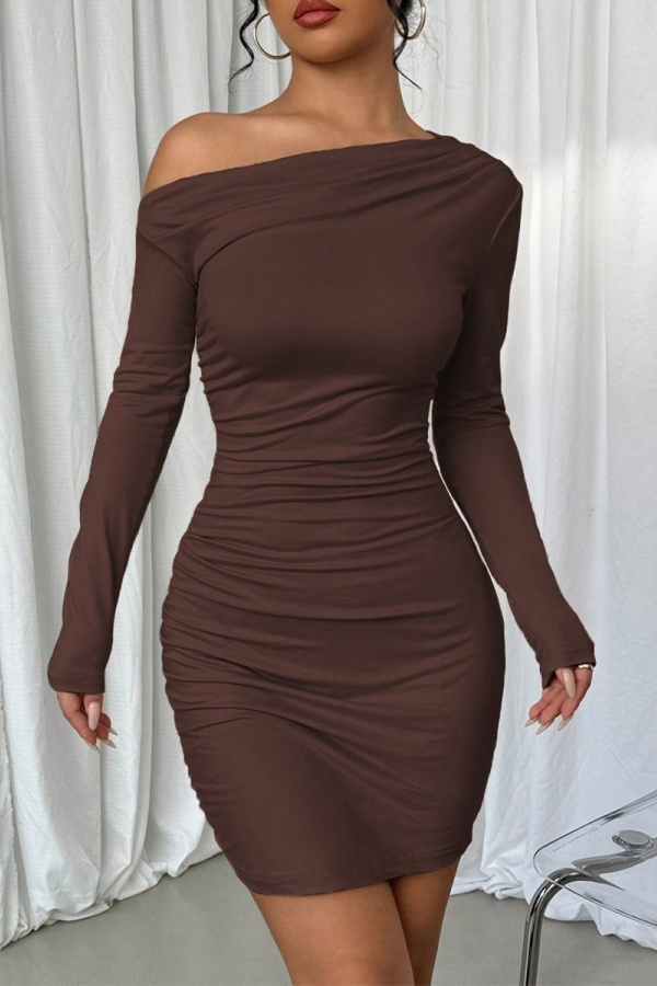 Coffee Sexy Casual Nightclub Office lady Solid Color Off Shoulder Wrapped Skirt Dresses