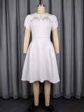 White Casual Street Vacation Prom Birthday Homecoming Y2k Solid Color Beading O Neck A Line Short Sleeve Dress
