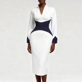 White Business Wear Formal Office lady Patchwork Zipper Contrast V Neck Dresses