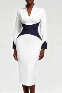 White Business Wear Formal Office lady Patchwork Zipper Contrast V Neck Dresses